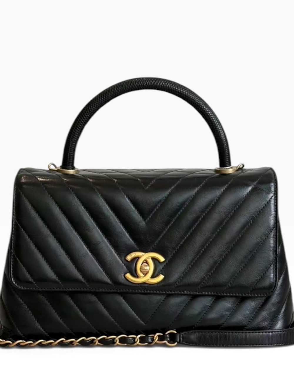 CHANEL CC BLACK TOP HANDLE CHEVRON FLAP BAG